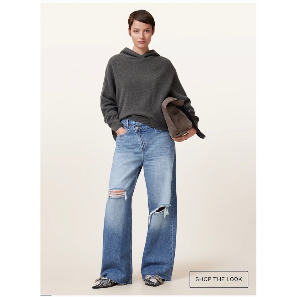 AllSaints Aki Crossover Asymmetrical Wide Leg Distressed Jeans Light Wash 30